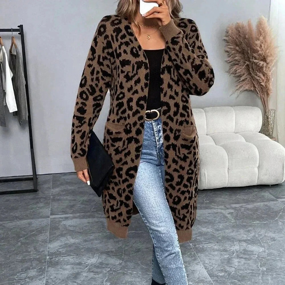 Brown Casual Women's Long Sleeve Leopard Print Long Cardigan Sweater - Picture 6 of 6